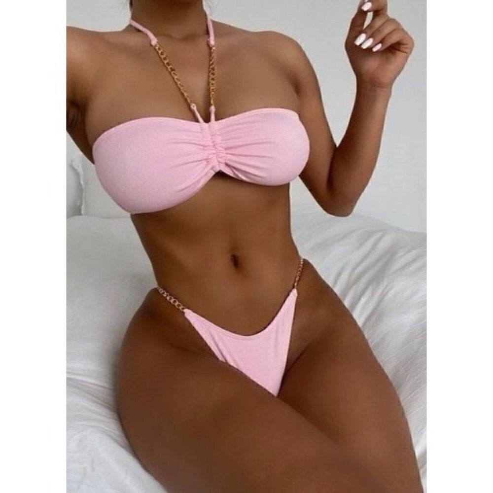 Women’s Light Pink Chain Detail Bikini Set Two Piece Swimsuit Beach Swimwear